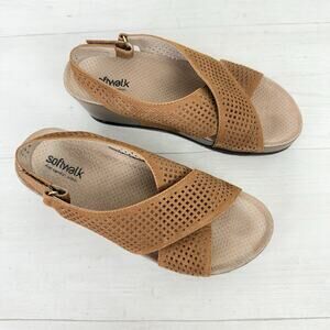 Softwalk Hansford Leather Wedge Sandals Womens 8 Brown Comfort Cross Straps